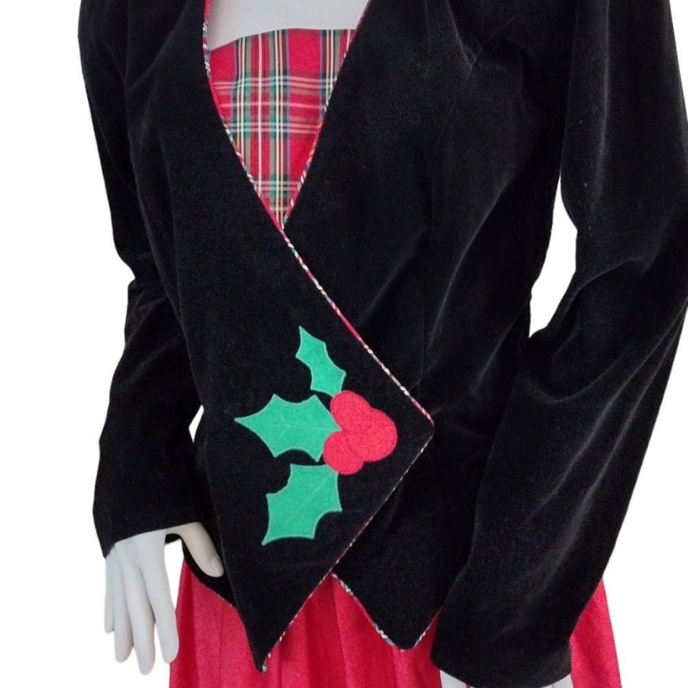 80s Does 40s Style Cotton Velvet / Velveteen Holly Applique Blazer - Picture 6 of 13